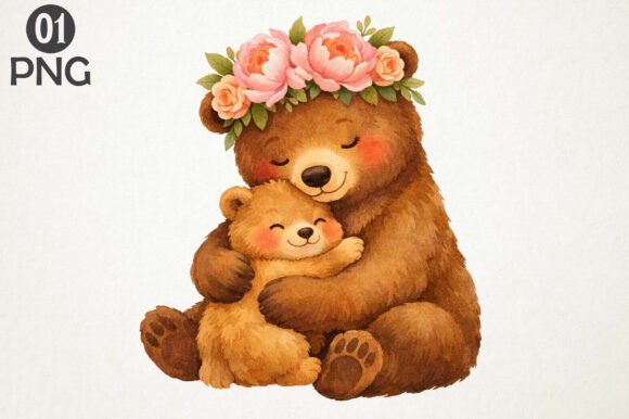 Download Cute Bear Mom Baby Floral Clipart PNG - Cute Collection
