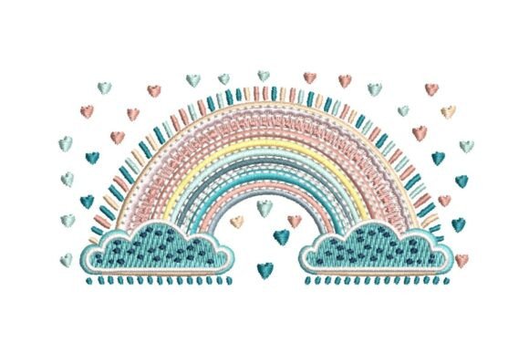 Download Ornate Rainbow with Clouds and Hearts Embroidery Design - Design Collection